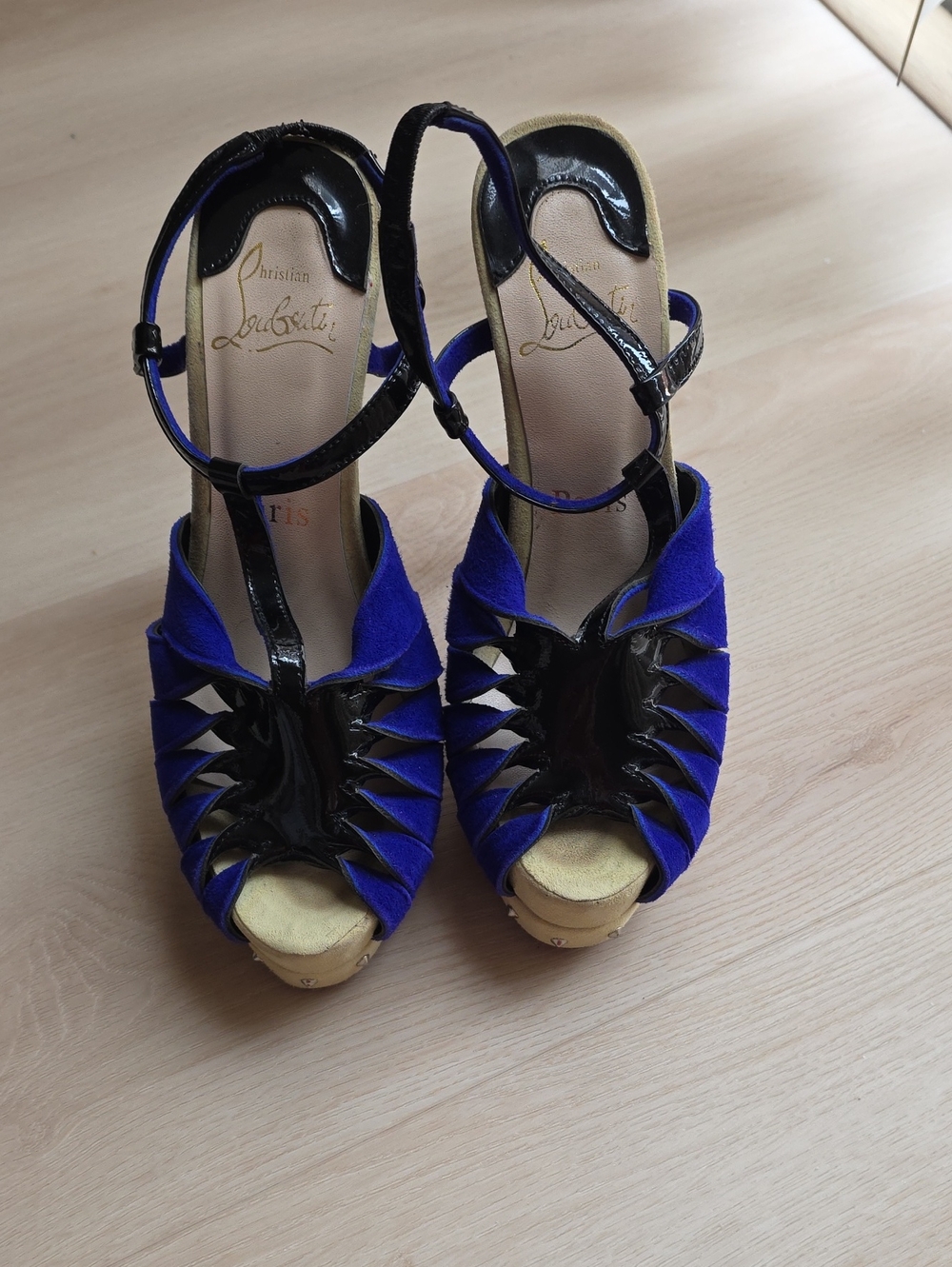 Christian Louboutin Cobalt Suede & Black Patent Peep-Toe Platform Heels See ADet